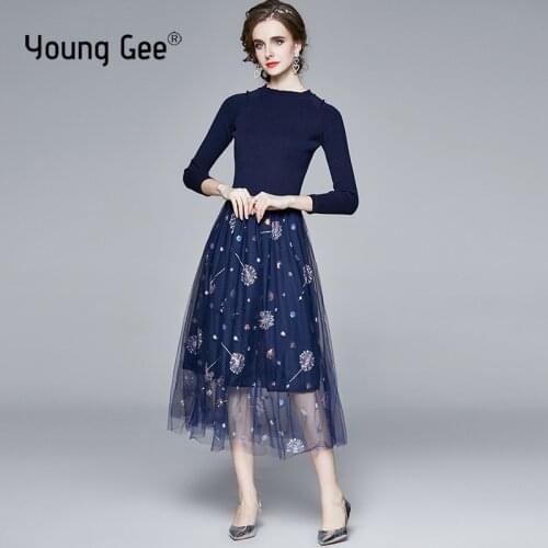 Blue Embroidery Party Mesh Dress Women Long sleeve Knitted Slim Waist Vintage Patckwork Runway Lace Dresses vestido de mujer
