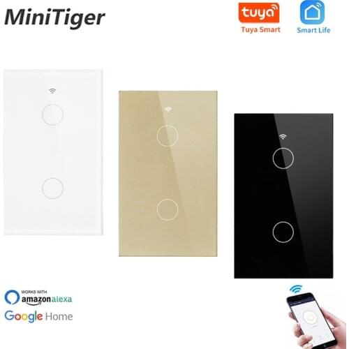 Minitiger US Standard Luxury Glass Panel 2 Gang 1 Way Wall Touch Switch Tuya Smart Life APP Null and Fire Line WIFI Smart Switch