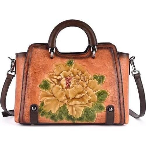 Handmade Retro Genuine Cowhide Leather Women Bag Handbag For Woman Embossed Floral Female Shoulder Crossbody Bags Real Leather