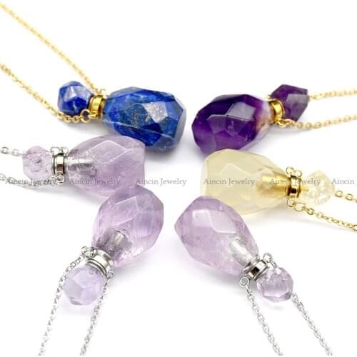High Quality Natural Clear Transparency Amethyst Perfume Bottle Pendants Silver Chain Necklace For Fashion Women Jewelry