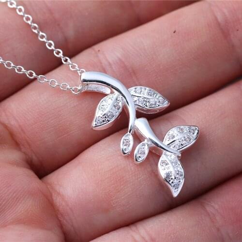 WQQCR 925 Sterling Silver colorSparkling Leaves Long Pendant Necklace, Clear CZ Women Pendants & Necklaces Jewelry