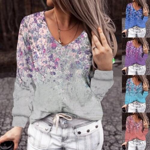 Autumn New Hedging Plus Size Womens T-shirt Small Floral Print Tops V-neck Casual Long-sleeved T-shirt Women Dames Kleding