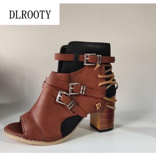 Woman Sandals Shoes Summer Style Pumps High Heels Thick Peep Toe Zip Fashion Hollow Solid Gladiator Plus Size 35-43