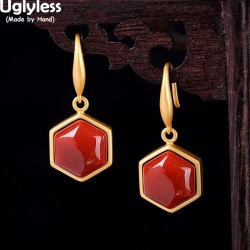 Uglyless Hexagon Stars Earrings for Women Meaty Agate Natural Gemstones Earrings Real Gold 925 Silver Fashion Dress Jewelry Gems