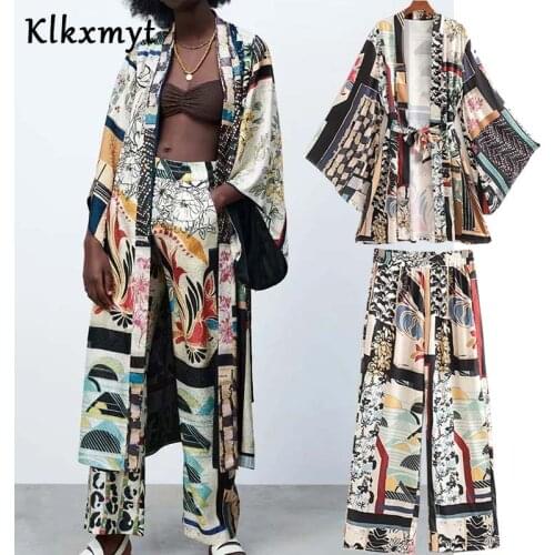 Za Two Pcs Sets Women 2021 Summer Fashion Printed Long Sleeve Sashes Blouse Tops+Straight Pants Lady Trousers Casual Sets