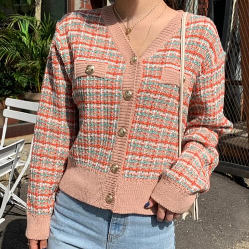 Women Cardigan Vintage Stylish Colorful Plaid Short Knitted Sweater V Neck Long Sleeve English Style Outerwear Splicing Clothes