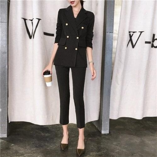 Women Suit Two Piece Set Office Suit Double Breasted black Long Jacket+Long Pant Suits Businness Work Wear Suits
