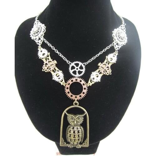 New Development Bats and Owl Cage Pendant Multi Gears Steampunk Women`s Necklace