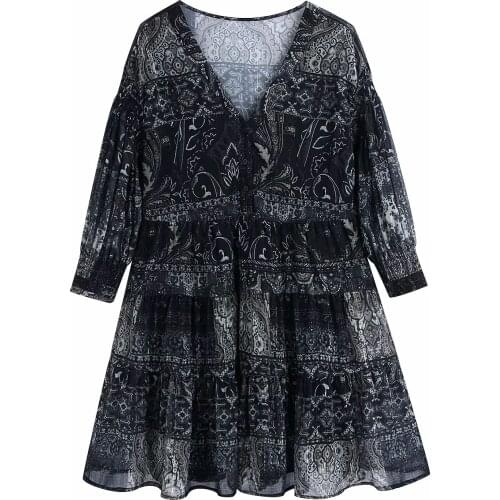 New Pop Women Dress Chiffon Printed V-neck Short Mini dress Long Sleeves Chic Lady elegant Vintage Casual Woman Dresses