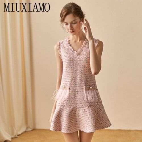 MIUXIMAO High Quality 2019 Fall&spring Dress Women office lady Pink Feather Tassels V-neck Elegant Tweed Dress Women Vestidos
