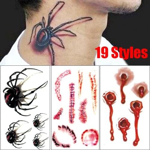 19 Styles Non-Toxic Lasting Halloween Temporary Tattoo Stickers Halloween Terror Realistic Stitched Injury Body Makeup Tattoos
