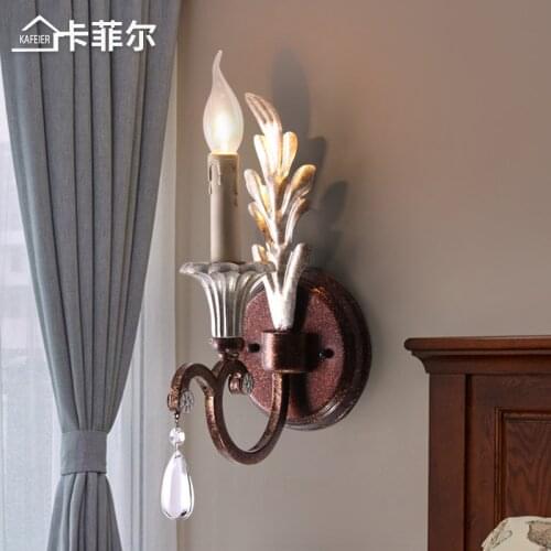 American wall lamp wrought iron candle single head wall lamp aisle corridor bedroom bedside lamp rustic classical lamps