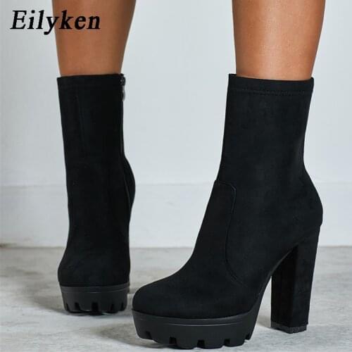 Eilyken High Heels Boots Women Ankle Boot Female Zip Platform Shoes Ladies Fashion Party Square Toe Shoes Women Casual Boot