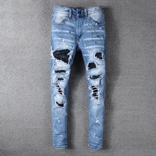 High Street Fashion Men Jeans Blue Color Slim Fit Destroyed Ripped Jeans Men Broken Pants Paint Designer Patchwork Hip Hop Jeans