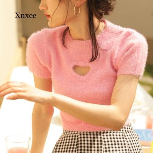 Sweet Girls Pink Heart Hollow Out t Shirt Women Summer Faux Mohair Crop Tops Tees Harajuku Fashion Cute Skinny Knit Tshirt Femme