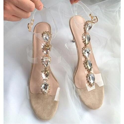 Summer sexy lady fashion womens sandals Camel suede leather crystal strappy high heels thin shoes party shoes weeding shoes