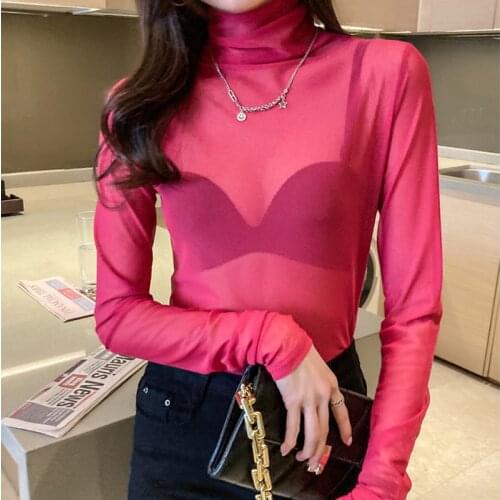 LJSXLS 2021 Summer Women Sexy See-Through Blouses Candy Colors Mesh Tops Transparent White Long Sleeve Shirts Blusas Y Camisas