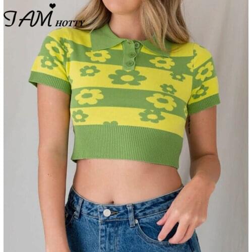 Cute Harajuku Fashion Floral Printed Knitted T-shirt Women Vintage Summer Outfits Short Sleeve Cropped Top Tee Ladies Iamhotty