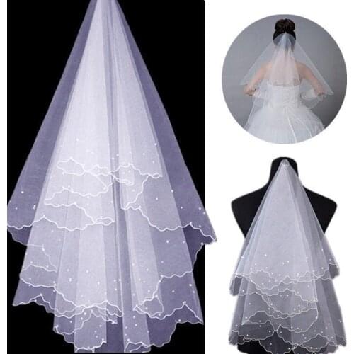 Fashion Romantic Women White Pearl 1.5m Long Mantilla Bride Veil for wedding