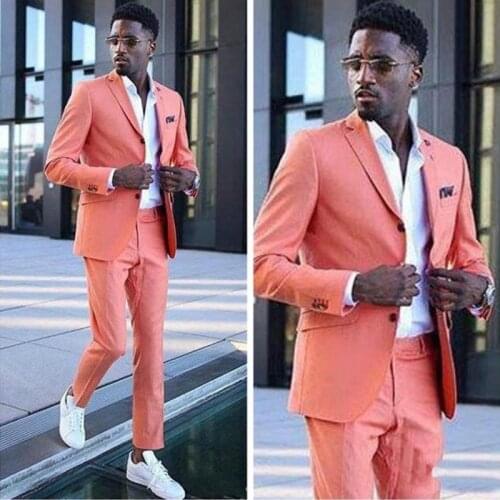 Notached Lapel Fashion Coral Groom Wedding Tuxedos Men Suits Slim Fit Two Button Party Dinner Business Blazer(Jacket+Pants)