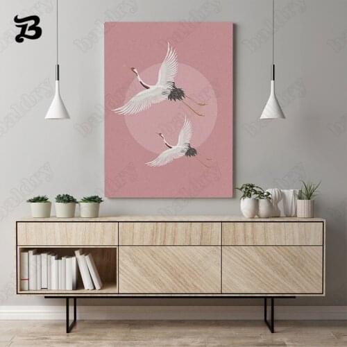 Cranes Bird Wall Art Canvas Painting Home Decoration Pink Posters Prints Modern Landscape Wall Pictures for Living Room Decor
