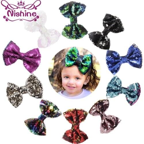 Nishine 5" Kids Girls Two Toned Reversible Sparkle Sequin Bow on Clips Mermaid Flip Bow Rainbow Bow Hair Bows Birthday Gift