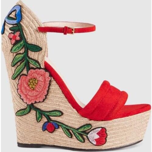 Newest Red Suede Open Toe Wedge Sandal for Woman Sexy Rope Braided Platform Ankle Strap Summer Shoes Flower Embroidery Sandal