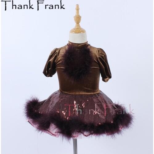 New Girls Ballerina Dress Women Coffee Velvet Feather Ballet Dance Clothing Child Short Sleeve Tutu Dresses Ballet Costumes C657