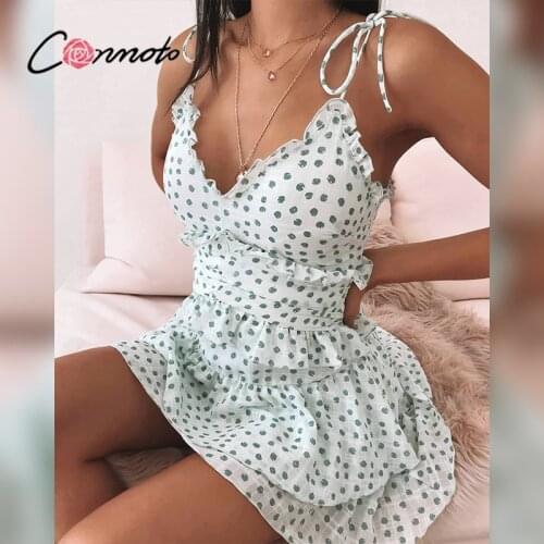 Conmoto Spaghetti strap sleeveless sweet dress Polka dot print lace-up ruffle dress V-neck a-line holiday beach short dress 2021