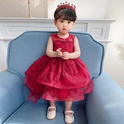 Trailing Beading Christening Princess Toddler Birthday Party Baby Girl Summer Ball Gown Dress Newborn Children Baptism 1 Year