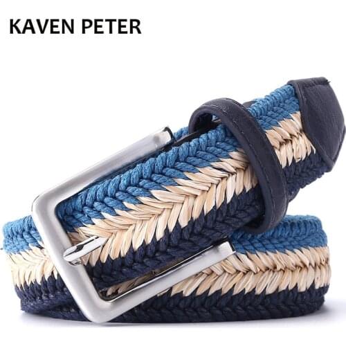 Unisex Plain Webbing Mens Boys Waist Belt Casual Braided Belt With Wax Rope and Straw Pin Buckle Belt 1-3/8" Wide 160cm Length