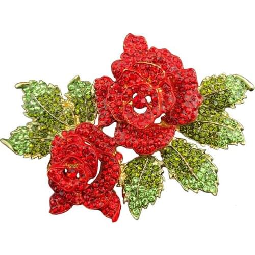 Rhinstone Red Double Flower Green Leaf Brooch Pin Woman Jewelry