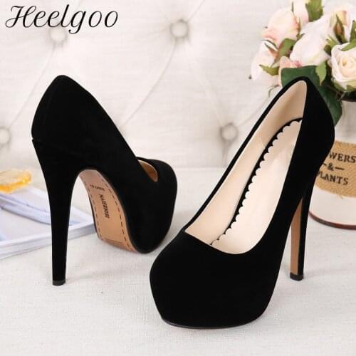Heelgoo 4cm Platform Women Flock 14cm Ultra High Heel Shoes Sexy Ladies Slip On Stiletto Pumps Black Wide Foot Size 43 44 45 46