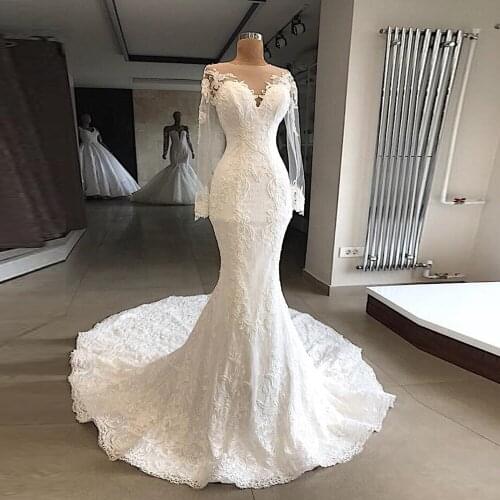 Robe De Mariee O Neck Nude Tulle Long Sleeves Lace Appliques Bridal Gown Mermaid Wedding Dresses For Women Vestidos Novias 2021