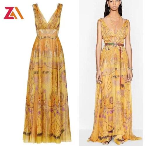 ZALady designer runway sexy party evening maxi dresses for women vintage printed elegant v-nack sleeveless Backless dress femme