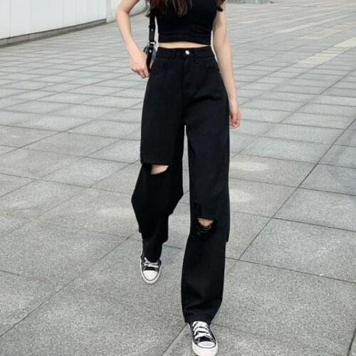 Women Wide Leg Hip-hop Mopping Vintage Summer High Street Jeans Holes Black Chic Oversized S-5XL Oversize Harajuku Casual Pants