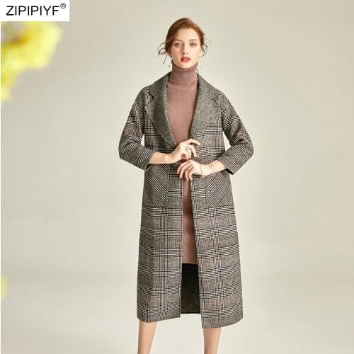Handmade Double-sided Black-and-white Plaid Elegant Ladies Temperament Coat Quality Woolen Long Coat Women Wear C2115