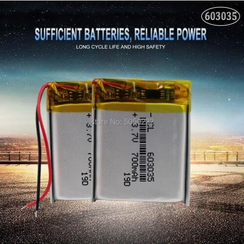2pc 700mAh 3.7V 603035 Lithium Polymer Rechargeable Battery For mp3 mp4 mp5 Tachograph Car DVR Bluetooth Earphone GPS