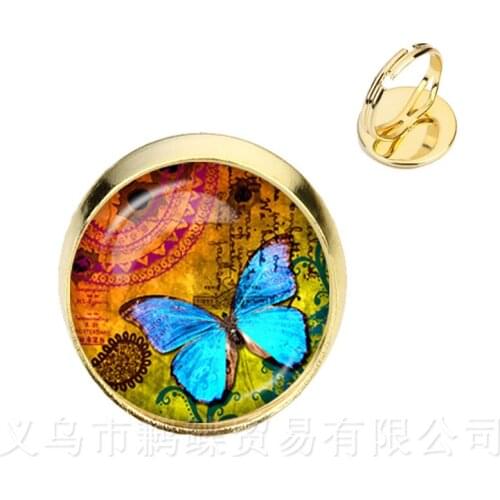 2018 Summer Style Rings Vintage Golder Plated 2 Color Fashion Butterfly Glass Cabochon Adjustable Rings For Women