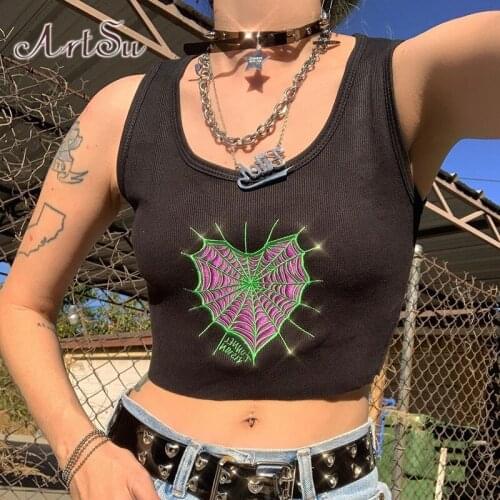 ArtSu Women Graphic Embroidery Sleeveless Bodycon Crop Tank Tops Sexy Retro Y2k E-Girl Vest Grunge Streetwear Camis VE52487
