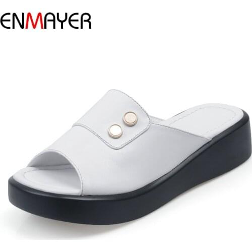 ENMAYER Genuine Leather Luxury Shoes Women Designers Solid 2020 Women Plus Size Shoes Summer Outside Fashion Women Slippers