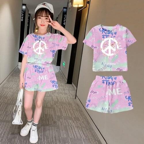 Girls Sets 2021 New Trendy Fashion Summer Loose Cartoon Anime Letter Print Top Shorts Suit
