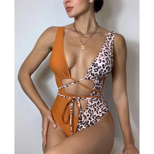 2021 New Women’s Sexy Hollow Out Lace Up Monokini Swimsuits Color Block Leopard Patchwork Open Back Bathing Suits
