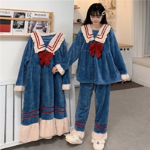 Autumn Winter Pajamas Set Female Coral Fleece Trousers Warm Thick Pyjamas Sweet Bow Plush Night Sleepwear Girly Cute Homewear