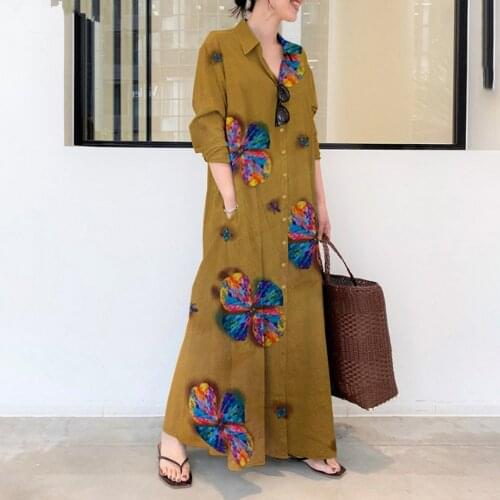 S-5XL Leisure Lapel Dress Womens Long Sleeve Print Loose Cardigan Dress 2021 Summer New Style And Elegance Classic Vestidos
