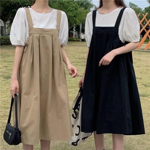 Sleeveless Dress Women Solid Maxi Preppy Loose-waist Simple Japan Style College Ladies Summer Popular Pregnant Daily Fashion New