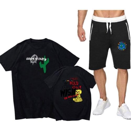 Travis Scott Cactus Jack Fashion 2PC Set Men Short Sleeve T Shirts Tops+Shorts Men Funny Print Logo Tshirts Shorts Sets