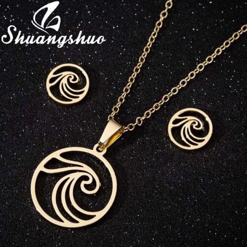 Shuangshuo Stainless Steel Ocean Wave Necklace Jewelry Sets Gold Earrings For Women Necklace Earrings Summer Beach Surfing Gifts