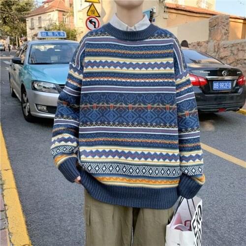 Retro literary jacquard crew neck sweater mens spring/autumn loose student Korean version of the trend of long-sleeved sweater