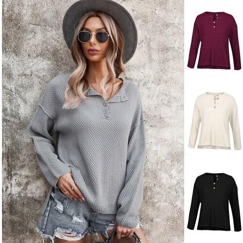 Warm Pullovers Korean Fashion Temperament Womens Sweater Comfortable Top Elastic Basic Long Sleeve Button Sexy V-neck Commuting